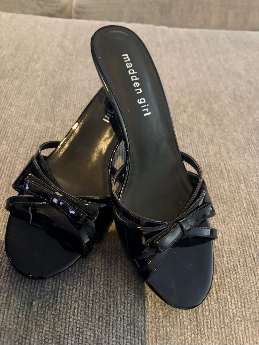 Madden Girl Black Patent Slide Mules with Bow Accent